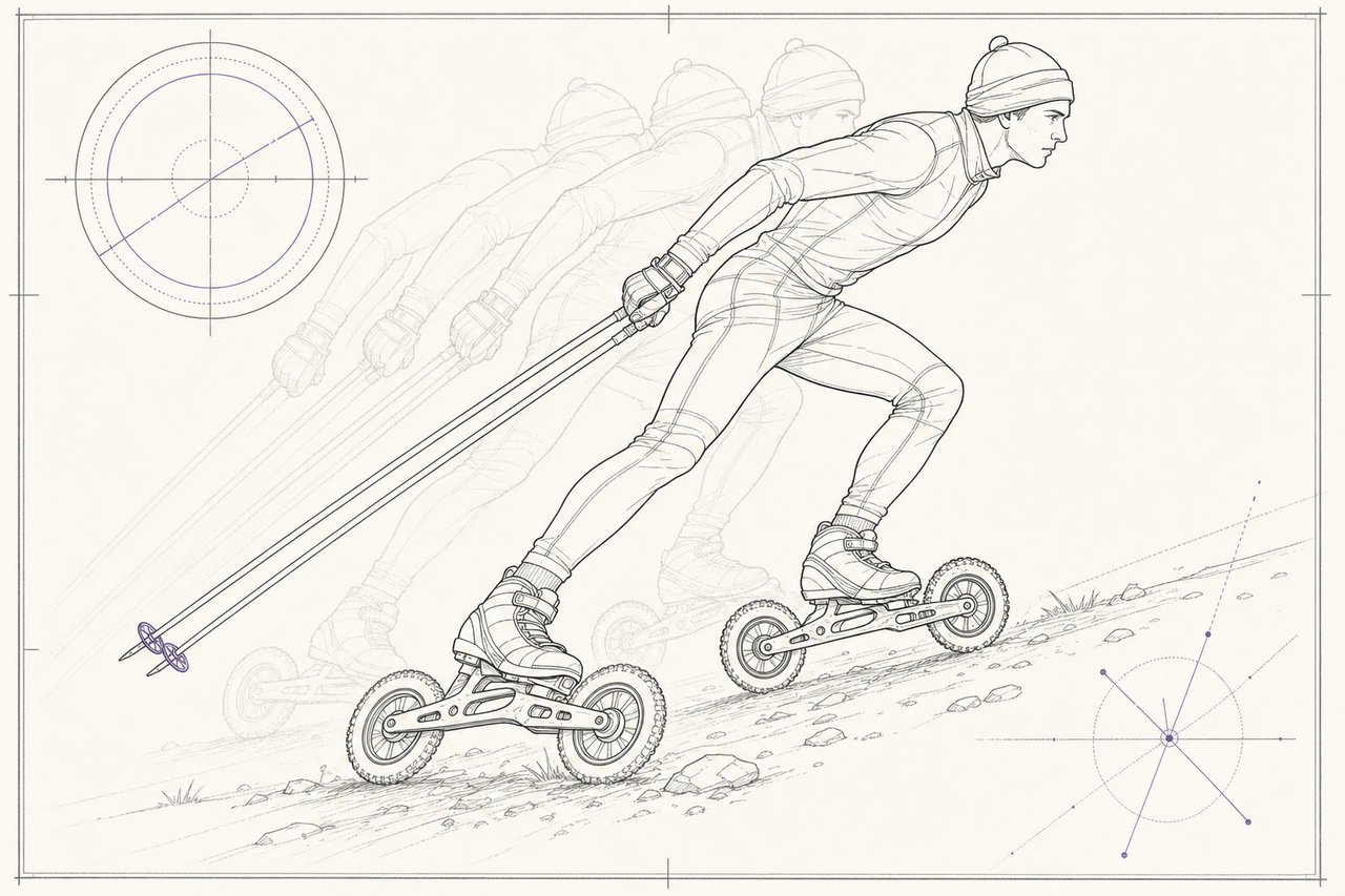 Zeichnung: eine Skaterin auf grobbereiften Skates im Doppelstockschub, mit angedeuteter Bewegungsspur